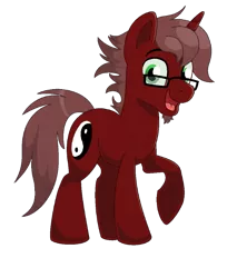 Size: 655x736 | Tagged: safe, artist:thegamblehorse, deleted from derpibooru, derpibooru import, oc, oc:sojourner, unofficial characters only, pony, unicorn, brown mane, glasses, goatee, green eyes, looking at you, raised hoof, red fur, simple background, smiling, solo, transparent background, vector, yin-yang