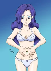 Size: 900x1241 | Tagged: artist:mayorlight, bedroom eyes, belly button, bellyring, bra, breasts, clothes, derpibooru import, female, frilly underwear, heart hands, human, human coloration, humanized, light skin, panties, rarity, ribbon, solo, solo female, suggestive, underwear, white underwear