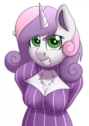 Size: 2893x4092 | Tagged: suggestive, artist:scramjet747, derpibooru import, sweetie belle, anthro, robot, unicorn, breasts, busty sweetie belle, chest fluff, cleavage, clothes, erect nipples, female, fluffy, future sweetie bot, grin, keyhole turtleneck, looking at you, open-chest sweater, simple background, smiling, solo, squee, sweater, sweetie bot, turtleneck, white background