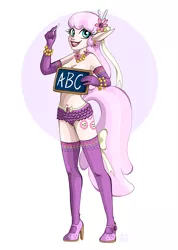 Size: 711x1000 | Tagged: artist:lillykitten, belly button, bracelet, breasts, burlesque, chalk, chalkboard, cheerilee, clothes, covering, derpibooru import, elf ears, evening gloves, flower, frilly underwear, high heels, human, humanized, panties, stockings, suggestive, tailed humanization, underwear