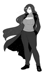 Size: 800x1230 | Tagged: artist:lvl, breasts, busty princess luna, clothes, derpibooru import, doodle, female, grayscale, human, humanized, keyhole turtleneck, longcoat, monochrome, open-chest sweater, princess luna, safe, solo, sweater, turtleneck