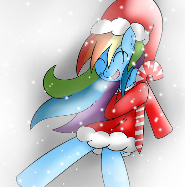 Size: 1248x1268 | Tagged: artist:mytatsur, candy cane, christmas, cold, derpibooru import, happy, happy holidays, outfit, rainbow dash, safe, scar, snow, snowfall, stitches