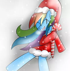 Size: 1248x1268 | Tagged: artist:mytatsur, candy cane, christmas, cold, derpibooru import, happy, happy holidays, outfit, rainbow dash, safe, scar, snow, snowfall, stitches