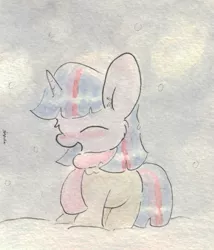 Size: 675x788 | Tagged: artist:slightlyshade, blushing, clothes, cute, derpibooru import, eyes closed, fluffy, open mouth, safe, scarf, smiling, snow, snowfall, solo, traditional art, twilight sparkle