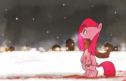 Size: 1280x823 | Tagged: grimdark, artist:gmrqor, derpibooru import, pinkie pie, pony, bipedal, blood, clothes, pinkamena diane pie, scarf, scenery, snow, snowfall, solo, spoon, winter