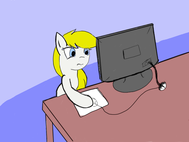 Size: 640x480 | Tagged: artist:anonymous, blonde, computer, computer mouse, derpibooru import, desk, female, frown, monitor, oc, oc:aryanne, safe, sitting, solo, table, technology, unofficial characters only