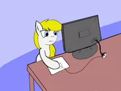 Size: 640x480 | Tagged: artist:anonymous, blonde, computer, computer mouse, derpibooru import, desk, female, frown, monitor, oc, oc:aryanne, safe, sitting, solo, table, technology, unofficial characters only