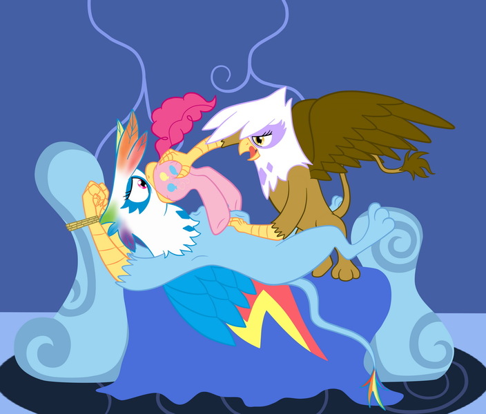 Size: 1200x1023 | Tagged: questionable, artist:8aerondight8, derpibooru import, gilda, pinkie pie, rainbow dash, gryphon, pony, bed, butt grab, butt touch, female, fetish, food chain, force feeding, forced, griffonized, griffons doing griffon things, grope, hand on butt, mare, pinkie prey, predator, preddash, prey, rainbow griffon, restrained, rope, soft vore, species swap, unwilling, unwilling predator, vore