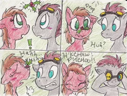 Size: 1064x803 | Tagged: artist:php68, blushing, christmas, derpibooru import, goggles, holly, holly mistaken for mistletoe, nose wrinkle, oc, oc:anchor kwill, oc:soda, pre sneeze, safe, scrunchy face, sneeze cloud, sneezing, traditional art, unofficial characters only