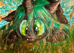 Size: 1000x723 | Tagged: artist:arnne, changeling, derpibooru import, grass, insect on nose, ladybug, prone, queen chrysalis, safe, solo, traditional art