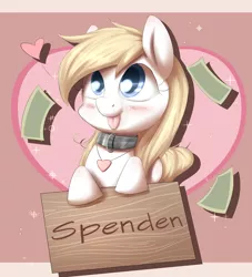 Size: 1698x1873 | Tagged: safe, artist:aryanne, derpibooru import, oc, oc:aryanne, unofficial characters only, earth pony, pony, aryanbetes, blushing, charity, collar, cute, donation, female, german, heart, mare, money, necklace, pet, sign, solo, tongue out, wood