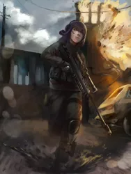 Size: 1600x2133 | Tagged: alternate hairstyle, artist:tiger-type, barrett, barrett m95, battlefield, clothes, explosion, female, gun, human, humanized, military, no trigger discipline, optical sight, rarity, rifle, safe, sniper rifle, solo, uniform, war, weapon