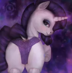 Size: 2089x2100 | Tagged: suggestive, artist:stradivarius, derpibooru import, rarity, pony, unicorn, clothes, colored, female, frilly underwear, looking back, panties, plot, presenting, realistic, solo, solo female, uncanny valley, underwear, untooned, updated