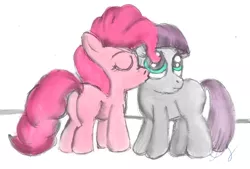 Size: 1522x1031 | Tagged: artist:heromewtwo, blank flank, colored, derpibooru import, filly, kissing, kiss on the cheek, love, maud pie, pinkie pie, platonic kiss, safe, sisterly love, sisters