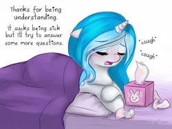 Size: 1280x960 | Tagged: artist:askbubblelee, bed, blanket, blushing, derpibooru import, eyes closed, floppy ears, freckles, oc, oc:bubble lee, open mouth, prone, safe, sick, solo, sweat, tissue, tissue box, unofficial characters only