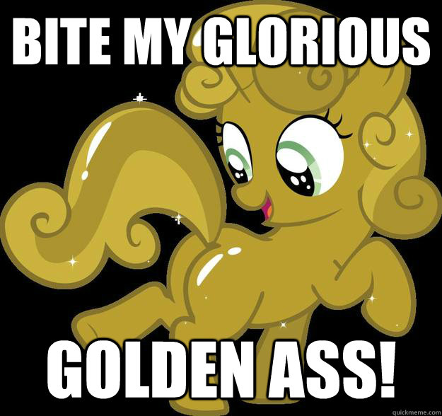 Size: 625x588 | Tagged: safe, derpibooru import, sweetie belle, pony, unicorn, bite my shiny metal ass, butt, caption, female, filly, futurama, golden, image macro, luster dust, meme, plot, sweetie butt, sweetie gold, vulgar