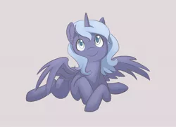 Size: 1888x1364 | Tagged: artist:theglassaddiction, cute, derpibooru import, filly, looking at you, lunabetes, princess luna, prone, s1 luna, safe, smiling, solo, spread wings, woona