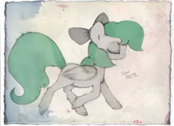 Size: 3762x2722 | Tagged: safe, artist:metalliclenneth, derpibooru import, oc, oc:silver cloud, unofficial characters only, earth pony, pony, bow, solo, traditional art, watercolor painting
