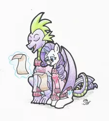 Size: 1504x1668 | Tagged: safe, artist:sensko, derpibooru import, rarity, spike, dragon, pony, unicorn, caroling, clothes, eyes closed, female, glasses, male, mare, older, older spike, pencil drawing, shipping, simple background, sparity, straight, sweater, traditional art, white background, winged spike, wings