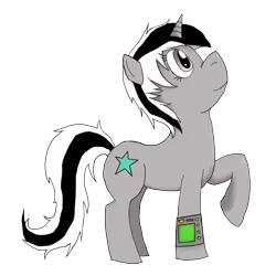 Size: 1024x1024 | Tagged: safe, artist:elvis-lopez, artist:wildfirethesmug, derpibooru import, oc, oc:seren starfall, unofficial characters only, pony, unicorn, fallout equestria, fallout equestria: hidden enemies, cutie mark, female, horn, mare, pipbuck, raised hoof, simple background, transparent background