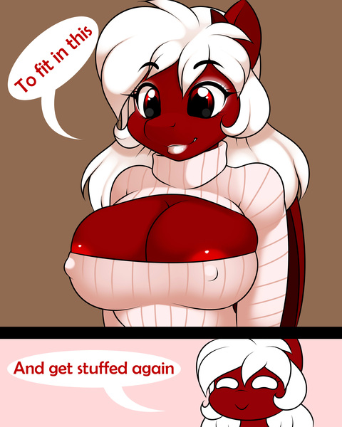 Size: 2800x3500 | Tagged: anthro, anthro oc, artist:kloudmutt, big breasts, breasts, clothes, derpibooru import, erect nipples, female, keyhole turtleneck, lipstick, oc, oc:chilly pepper, open-chest sweater, questionable, solo, solo female, sweater, turtleneck, unofficial characters only