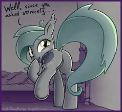 Size: 1200x1100 | Tagged: suggestive, artist:az-pekt, derpibooru import, oc, oc:grey mouse, unofficial characters only, bat pony, pony, ask grey mouse, anus, bat pony oc, bed, bedroom, blush sticker, blushing, dialogue, dock, ear tufts, female, heart, hoof over mouth, lidded eyes, looking at you, looking back, looking back at you, mare, presenting, pubic fluff, raised eyebrow, raised hoof, raised leg, raised tail, signature, simplistic anus, smiling, solo, solo female, tail, talking to viewer, text, underhoof