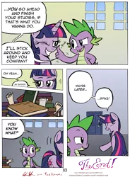 Size: 4903x6646 | Tagged: safe, artist:redapropos, derpibooru import, spike, twilight sparkle, twilight sparkle (alicorn), alicorn, pony, comic:maybe later spike, absurd resolution, book, comic, female, ironic echo, mare, title drop, wingless, wink