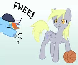Size: 638x532 | Tagged: safe, artist:howlsinthedistance, derpibooru import, derpy hooves, rainbow dash, pegasus, pony, basketball, blowing, female, hat, mare, referee, whistle