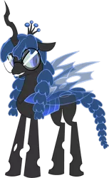 Size: 719x1178 | Tagged: artist:fibs, blue changeling, changeling, changeling queen, changeling queen oc, derpibooru import, female, glasses, oc, oc:exuvia, safe, simple background, solo, transparent background, unofficial characters only, vector