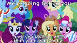 Size: 640x360 | Tagged: applejack, artist:comfydove, bronybait, carriage, clothes, derpibooru import, dress, edit, edited screencap, fluttershy, gala dress, image macro, mane seven, mane six, meme, pinkie pie, rainbow dash, rarity, safe, screencap, spike, the best night ever, twilight sparkle