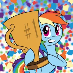 Size: 1500x1500 | Tagged: artist:xain-russell, confetti, derpibooru import, rainbow dash, safe, smiling, solo, trophy