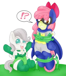 Size: 1425x1641 | Tagged: safe, artist:blackbewhite2k7, derpibooru import, apple bloom, fluttershy, pony, age regression, baby, baby pony, babyshy, babysitting, batgirl, batman, bondage, flutterbitch, laughing, plant, poison ivy, tied up