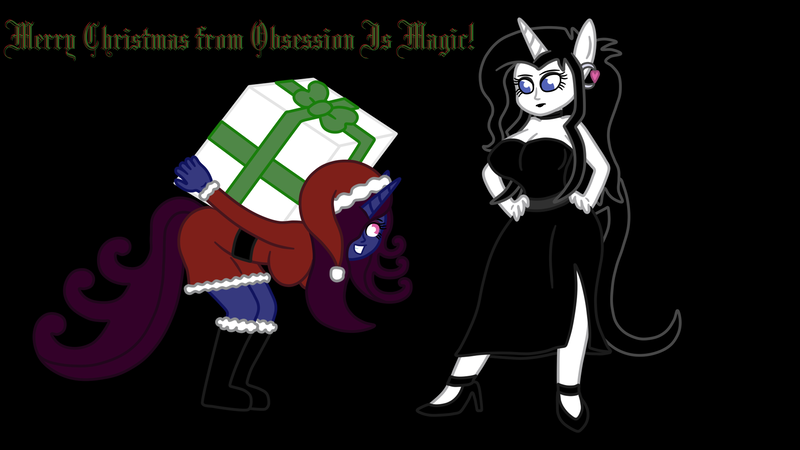 Size: 1920x1080 | Tagged: safe, artist:thelordofdust, derpibooru import, oc, oc:maneia, oc:nocturna, unofficial characters only, anthro, unicorn, belt, boots, choker, christmas, clothes, dress, female, hand on hip, hat, holiday, human facial structure, megalomaneia, obsession is magic, present, santa costume, santa hat, smiling