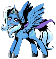 Size: 1600x1679 | Tagged: safe, artist:linamomoko, derpibooru import, trixie, alicorn, pony, jewelry, looking at you, open mouth, race swap, simple background, smiling, solo, spread wings, transparent background, trixiecorn, vector