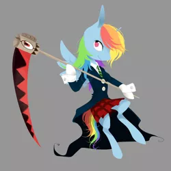 Size: 1024x1024 | Tagged: artist:katemaximova, clothes, cosplay, crossover, derpibooru import, looking at you, maka albarn, rainbow dash, safe, scythe, simple background, skirt, solo, soul eater