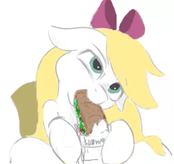Size: 621x583 | Tagged: artist:irrid, bedroom eyes, blowjob, bow, bread, choking, deepthroat, derpibooru import, drool, eating, flockmod, floppy ears, food, food porn, gulp, literal food porn, not porn, oc, oc:aryanne, oral, passing out, sandvich, sex, smiling, subway, suggestive, suggestive eating, unofficial characters only