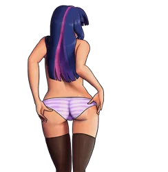 Size: 1280x1310 | Tagged: artist:king-kakapo, ass, clothes, derpibooru import, female, human, humanized, panties, purple underwear, simple background, solo, stockings, striped underwear, suggestive, transparent background, twibutt, twilight sparkle, underwear