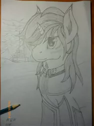 Size: 3240x4320 | Tagged: safe, artist:koshakevich, derpibooru import, oc, oc:blackjack, unofficial characters only, pony, unicorn, fallout equestria, fallout equestria: project horizons, fanfic, armor, black and white, clothes, fanfic art, female, grayscale, horn, mare, monochrome, security armor, sketch, solo, traditional art, vault security armor, vault suit