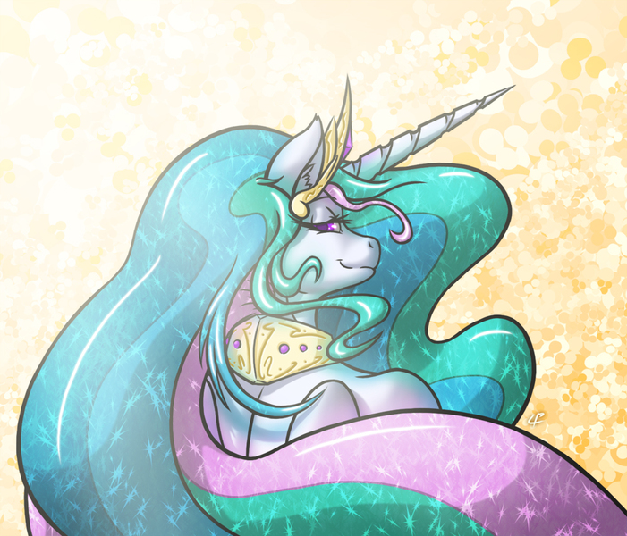 Size: 1000x856 | Tagged: anthro, artist:prettypinkponyprincess, bedroom eyes, derpibooru import, looking at you, princess celestia, safe, sharp horn, smiling, solo