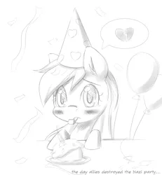 Size: 1140x1232 | Tagged: artist:randy, balloon, birthday party, black and white, cake, candle, confetti, derpibooru import, female, filly, grayscale, hat, heart, heartbreak, kazoo, metaphor, monochrome, musical instrument, oc, oc:aryanne, outline, party, party hat, party pooper, sad, safe, solo, unhappy, unofficial characters only