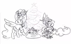 Size: 1443x898 | Tagged: safe, artist:homa-nix, derpibooru import, princess celestia, princess luna, christmas tree, ded moroz, present, russian, sketch, snegurochka, tree