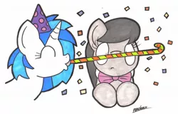 Size: 2005x1282 | Tagged: safe, artist:bobthedalek, derpibooru import, octavia melody, vinyl scratch, earth pony, pony, unicorn, confetti, duo, hat, party hat, party horn, surprised, traditional art