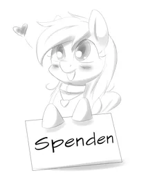 Size: 1698x1873 | Tagged: safe, artist:randy, derpibooru import, oc, oc:aryanne, unofficial characters only, black and white, charity, collar, cute, donation, german, grayscale, heart, money, monochrome, necklace, outline, pet, sign, solo, tongue out, wood