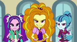 Size: 1280x714 | Tagged: safe, derpibooru import, screencap, adagio dazzle, aria blaze, sonata dusk, equestria girls, rainbow rocks, gritted teeth, looking at you, smiling, smirk, the dazzlings