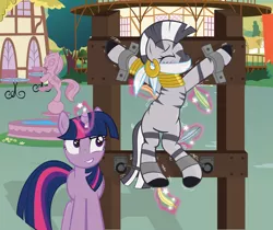 Size: 1024x862 | Tagged: artist:radiantrealm, blushing, bondage, bondage furniture, cloth gag, derpibooru import, gag, hoof tickling, show accurate, show accurate porn, suggestive, suspended, tickle torture, tickling, twilight sparkle, zebra, zecora