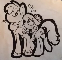 Size: 2072x2024 | Tagged: safe, artist:colorfulwonders, derpibooru import, big macintosh, coco pommel, earth pony, pony, cocomac, crack shipping, heart, male, monochrome, shipping, stallion, straight, traditional art