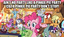 Size: 741x429 | Tagged: safe, artist:fractiouslemon, derpibooru import, applejack, berry punch, berryshine, derpy hooves, fluttershy, gummy, pinkie pie, rainbow dash, rarity, twilight sparkle, winona, pegasus, pony, alcohol, book, caption, cupcake, drink, drunk, female, for dummies, hat, lampshade, lampshade hat, mare, muffin, party, sugarcube corner, thought bubble