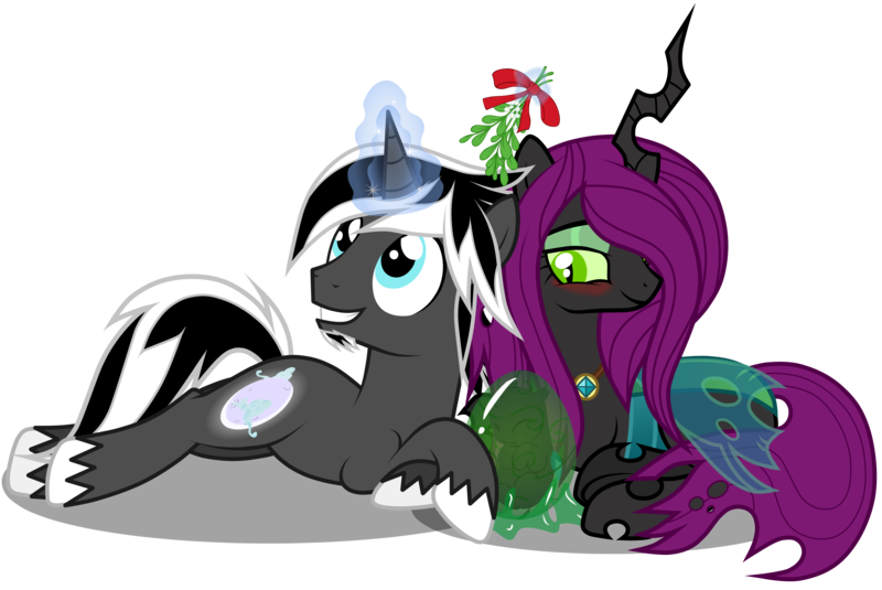 Size: 6350x4250 | Tagged: safe, artist:junkiesnewb, artist:the-clockwork-crow, derpibooru import, changeling queen oc, oc, oc:nox arcana, oc:poison, unofficial characters only, changeling, changeling queen, pony, unicorn, absurd resolution, blushing, changeling oc, egg, female, glowing horn, goatee, horn, interspecies, magic, male, mistletoe, necklace, shipping, simple background, straight, telekinesis, transparent background, unshorn fetlocks, vector