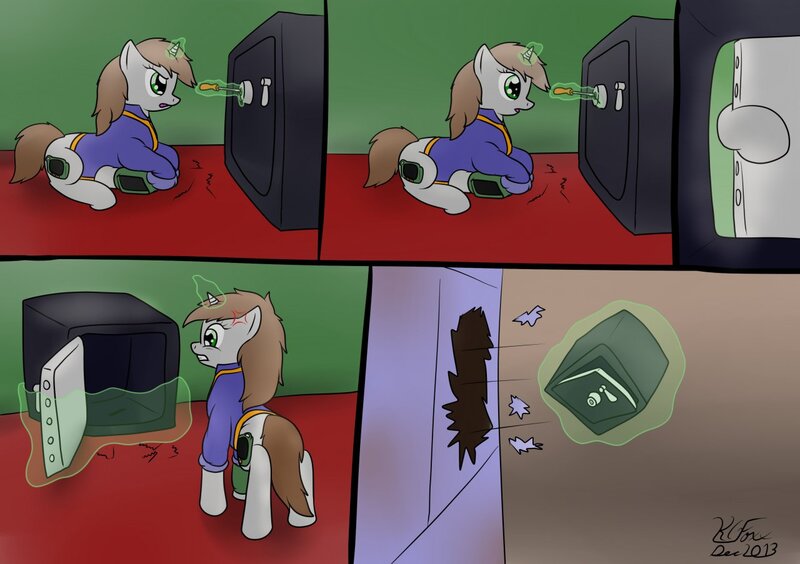 Size: 1280x903 | Tagged: safe, artist:the-furry-railfan, derpibooru import, oc, oc:littlepip, unofficial characters only, pony, unicorn, fallout equestria, fanfic, angry, bobby pin, broken glass, comic, concentrating, defenestration, empty, fanfic art, female, glowing horn, gritted teeth, hooves, horn, levitation, lockpicking, magic, mare, open mouth, pipbuck, prone, rage, safe (object), screwdriver, solo, teeth, telekinesis, throwing, vault, vault suit, window