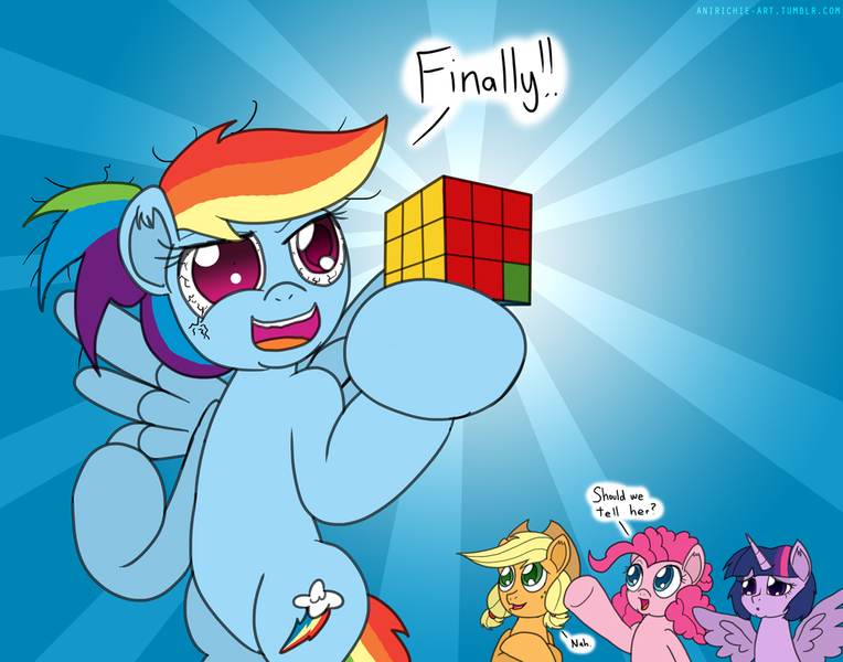 Size: 1018x800 | Tagged: safe, artist:ladyanidraws, derpibooru import, applejack, pinkie pie, rainbow dash, twilight sparkle, twilight sparkle (alicorn), alicorn, pony, alternate hairstyle, backwards cutie mark, fail, female, mare, rubik's cube